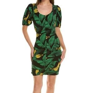 Ganni Dress Leaf print bodycon minidress green black size 32 (US 0)